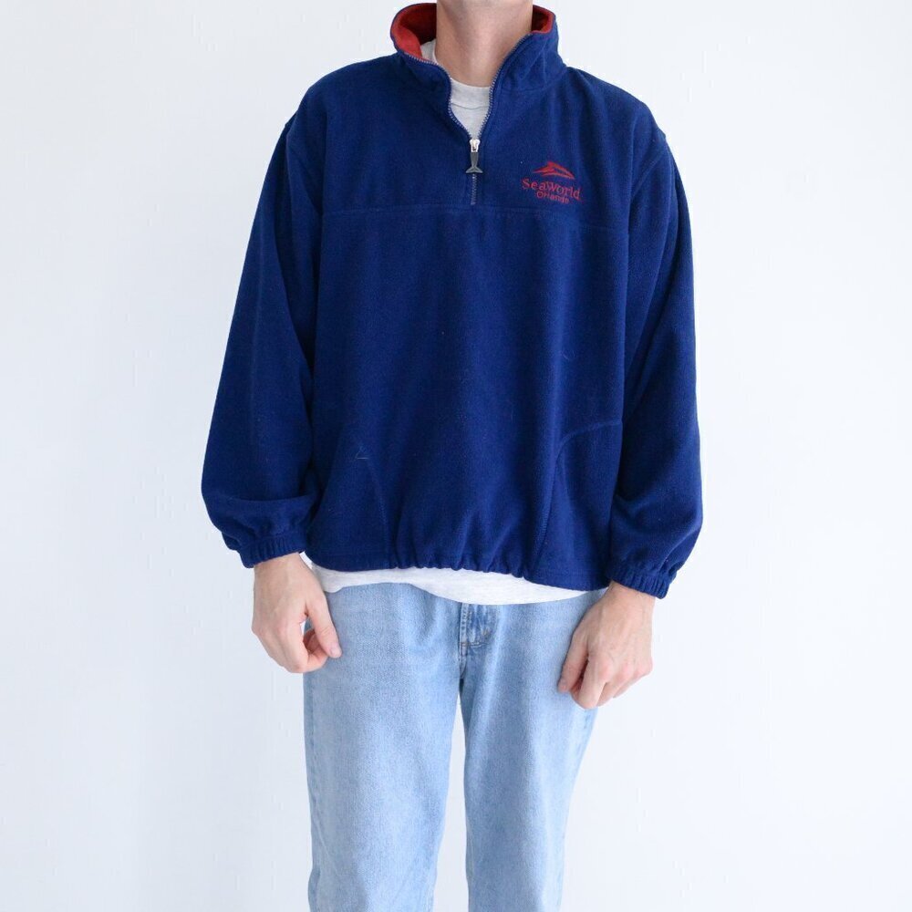 Vintage Shamu Seaworld Blue Red Quarter Zip Fleece Pull Over Sweater Large
